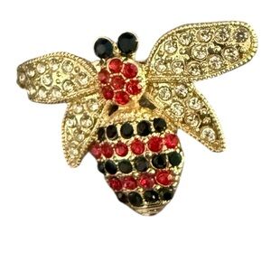 Vintage Gold-tone Bee Brooch with Red & Black Crystal Stripes
